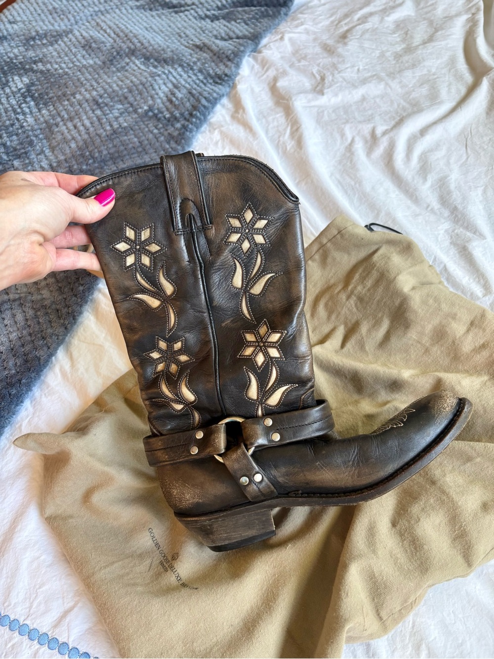 Golden Goose Distressed Boots with Floral Leather Inlay - Picture 2 of 8